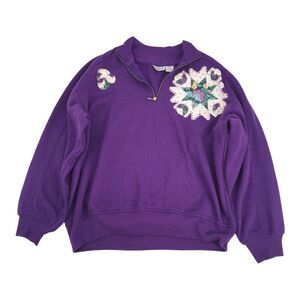 Vintage Trends Basics Quarter Zip Pullover Sweatshirt Size Large Purple Quilted